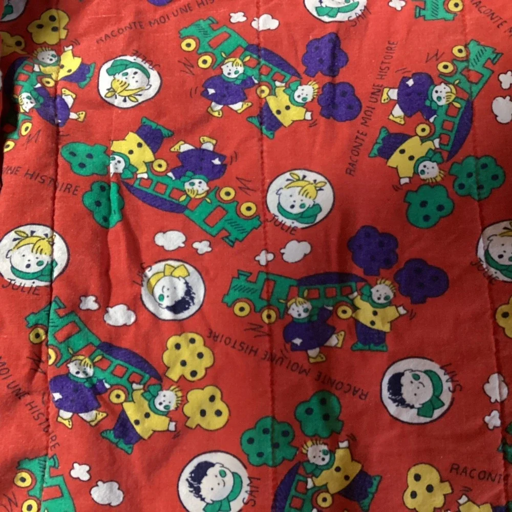 Vtg Jean Bourget Toddler Jean Jacket Insulated Color Block Train Pattern Sz 2-4